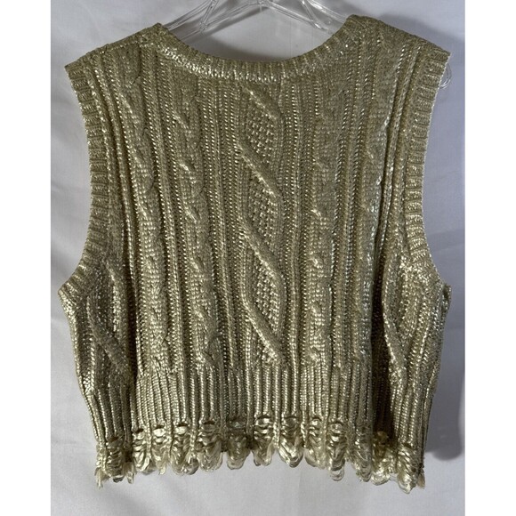Gold Metallic Crop Tank Top knit Fringe Formal Elegant Women’s Size S Unique - Picture 6 of 11